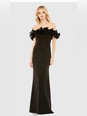 Strapless Black Ruffle Off-Shoulder Evening Gown